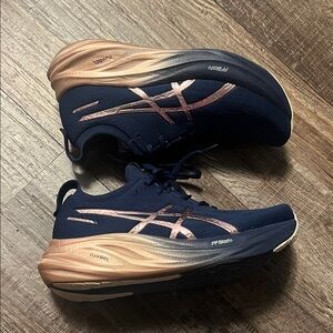 ASICS Gel Nimbus Platinum Navy Running Shoes with Rose Gold Accents